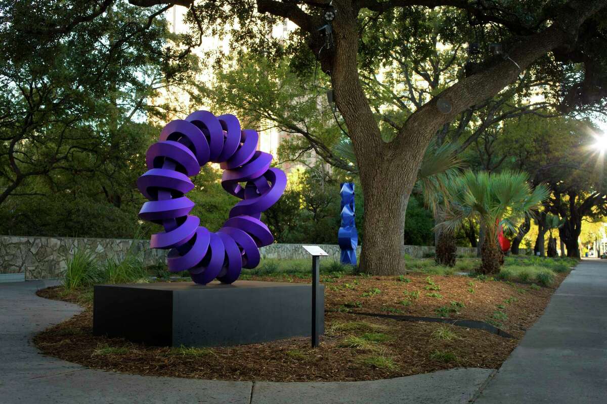 The first exhibit in the first part of the River Walk Public Art Garden holds five painted iron pieces by Mexican artist Sebastian, who also created the nearby “Torch of Friendship.”