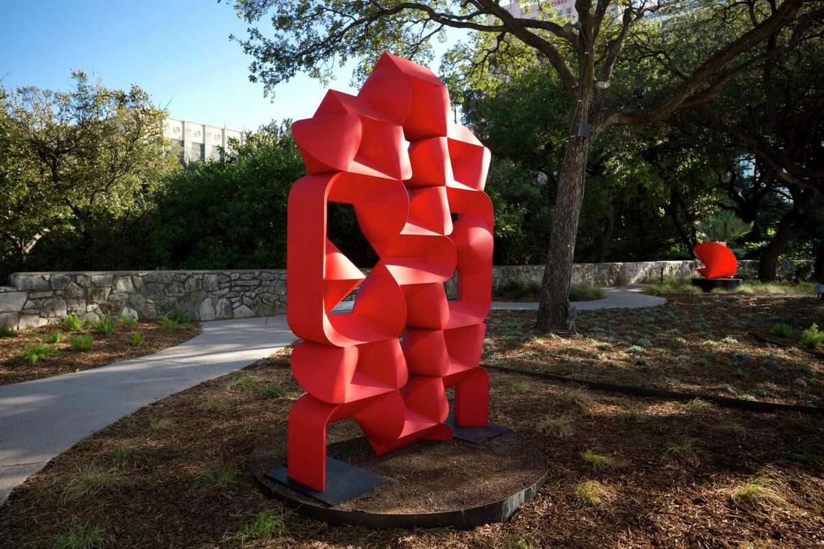 “Celosia Borunda,” a 2008 painted iron piece by Sebastian, is on display in the newly opened River Walk Public Art Garden.