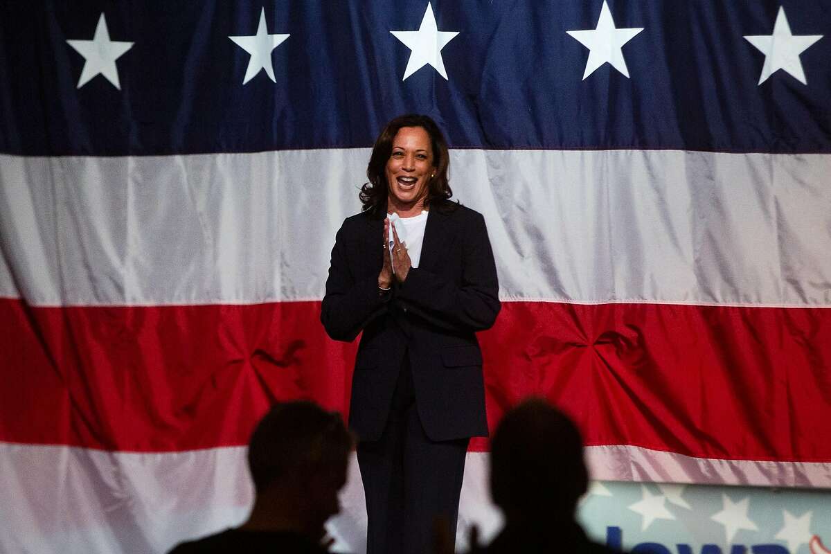 Democratic presidential candidate Sen. Kamala Harris, D-Calif., speaks during the Iowa Democratic Wing Ding Friday, August 9, 2019, in Clear Lake, Iowa. Harris delivered her five-minute speech at the joint fundraiser as a part of her river-to-river bus tour across Iowa.