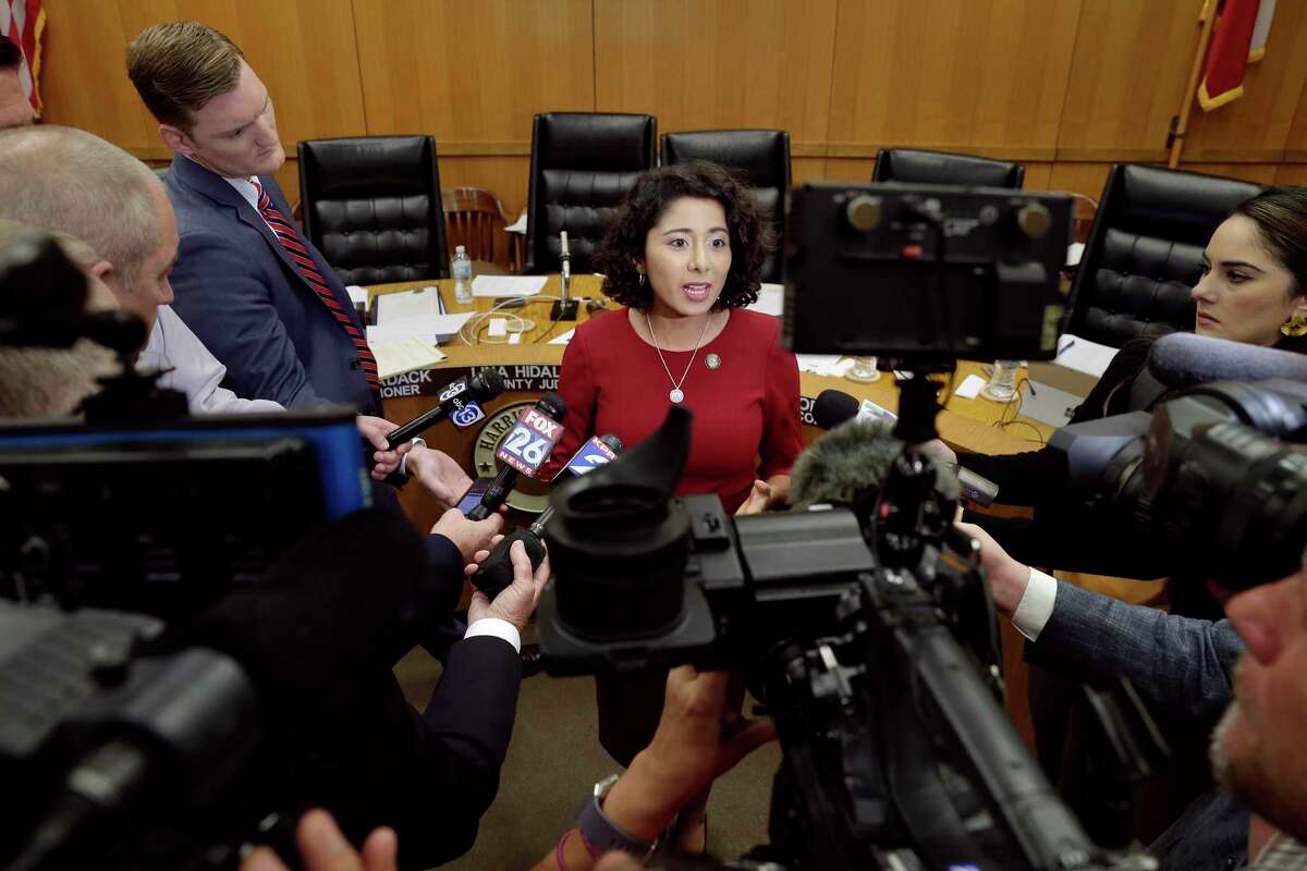 Harris Co. judge Lena Hidalgo talks with news organizations during a recess break of the commissioners court Tuesday, Oct. 8, 2019 in Houston, TX.