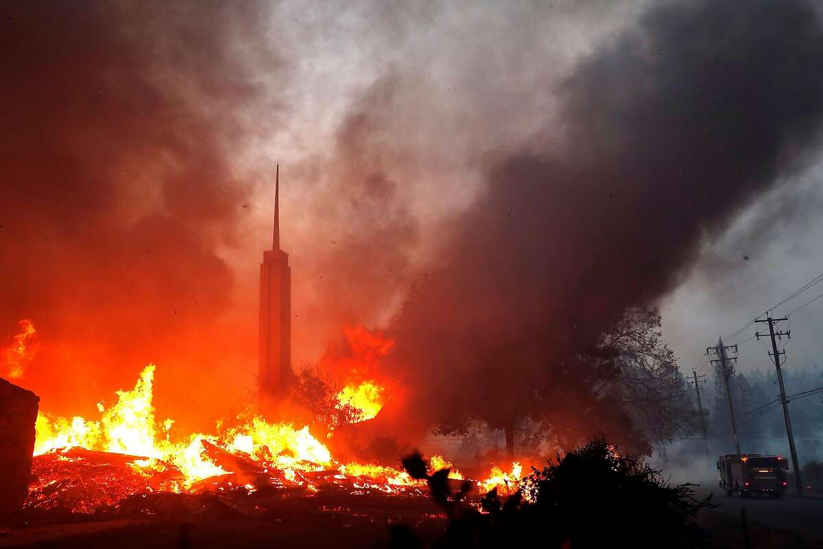 The Church of Jesus Christ of Latter Day Saints burns during Camp Fire in Paradise, Calif.. on Thursday, November 8, 2018.