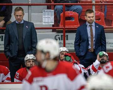 RPI menas hockey head coach Dave Smith, left, and assistant coach Scott Moser do not like a call during a game against Brown University at RPI in Troy, New York on Saturday, Dec. 7, 2019 (Jim Franco/Special to the Times Union.)