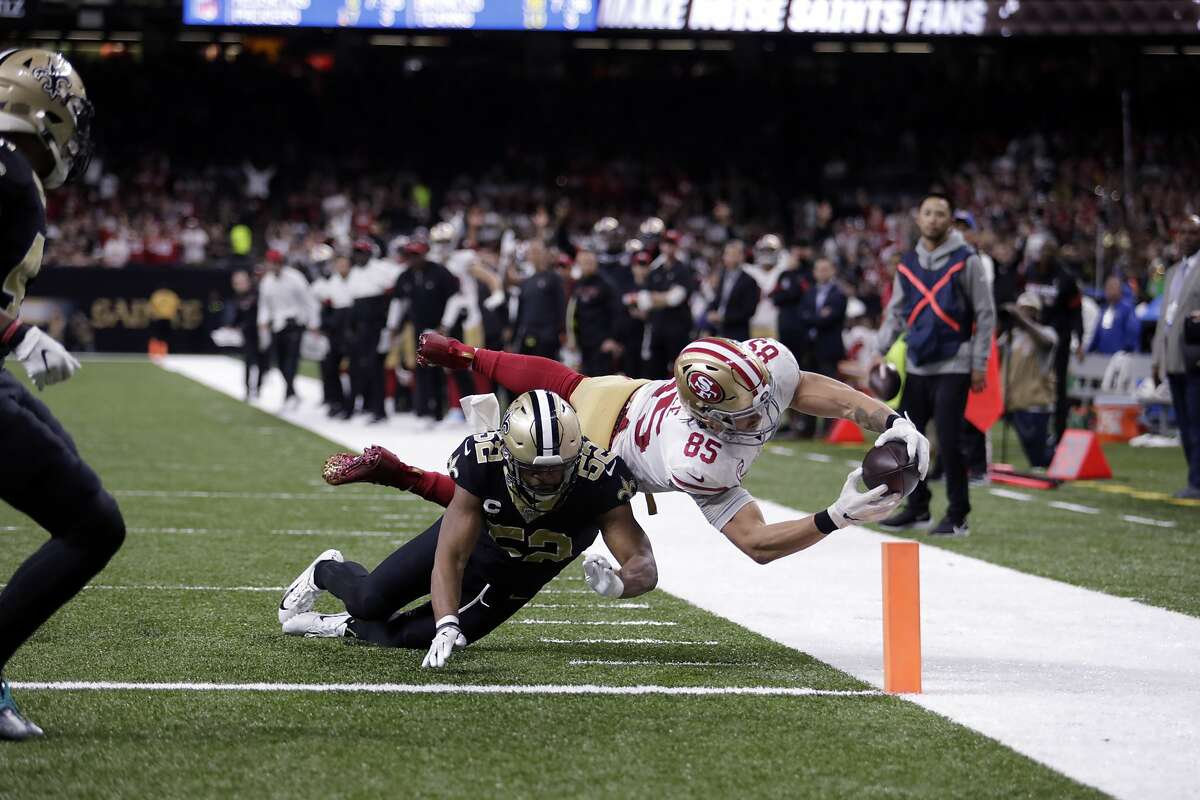 San Francisco 49ers wide receiver Emmanuel Sanders (17) pulls in touchdown  reception in the first half an NFL football game against the New Orleans  Saints in New Orleans, Sunday, Dec. 8, 2019. (