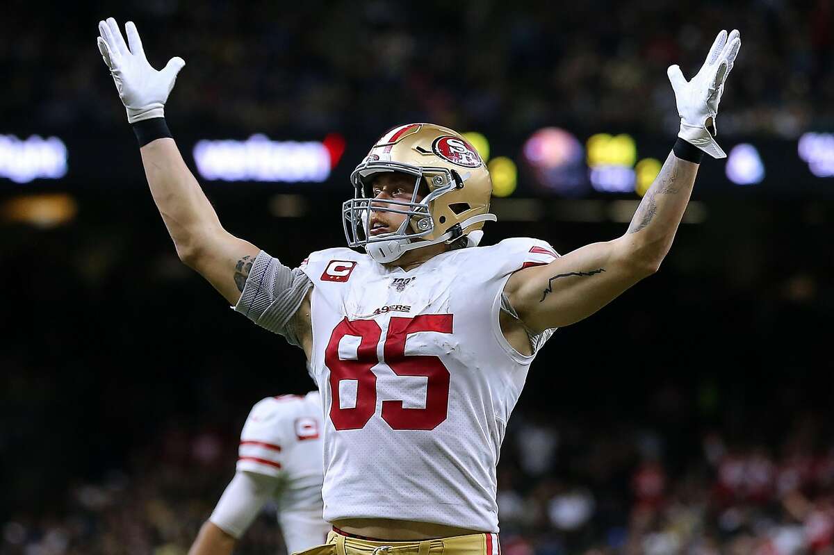 NEW ORLEANS, LOUISIANA - DECEMBER 08: George Kittle #85 of the San Francisco 49ers celebrates a touchdown against the New Orleans Saints during the second half of a game at the Mercedes Benz Superdome on December 08, 2019 in New Orleans, Louisiana. (Photo by Jonathan Bachman/Getty Images)