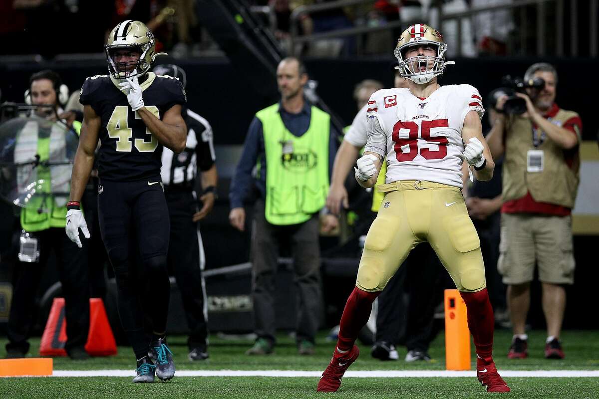 George Kittle #85 of the San Francisco 49ers celebrates a touchdown against the New Orleans Saints during the third quarter in the game at Mercedes Benz Superdome on December 08, 2019 in New Orleans, Louisiana. (Photo by Chris Graythen/Getty Images)