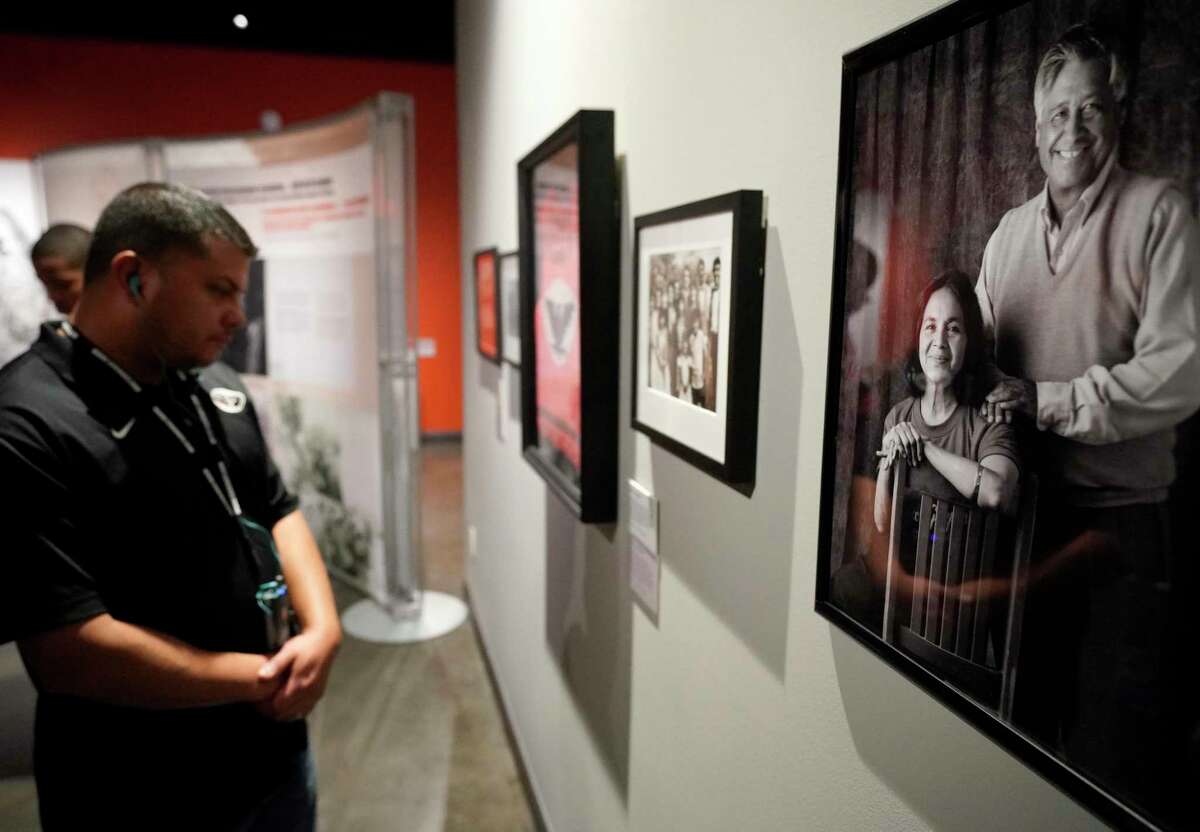 A photo of Dolores Huerta and Cesar Chavez, the co-founders of the United Farm Workers Union, is shown in the exhibit “Dolores Huerta: Revolution in the Fields” at The Holocaust Museum of Houston Thursday, Dec. 5, 2019. The exhibit will be on display until Feb. 16 in Houston.