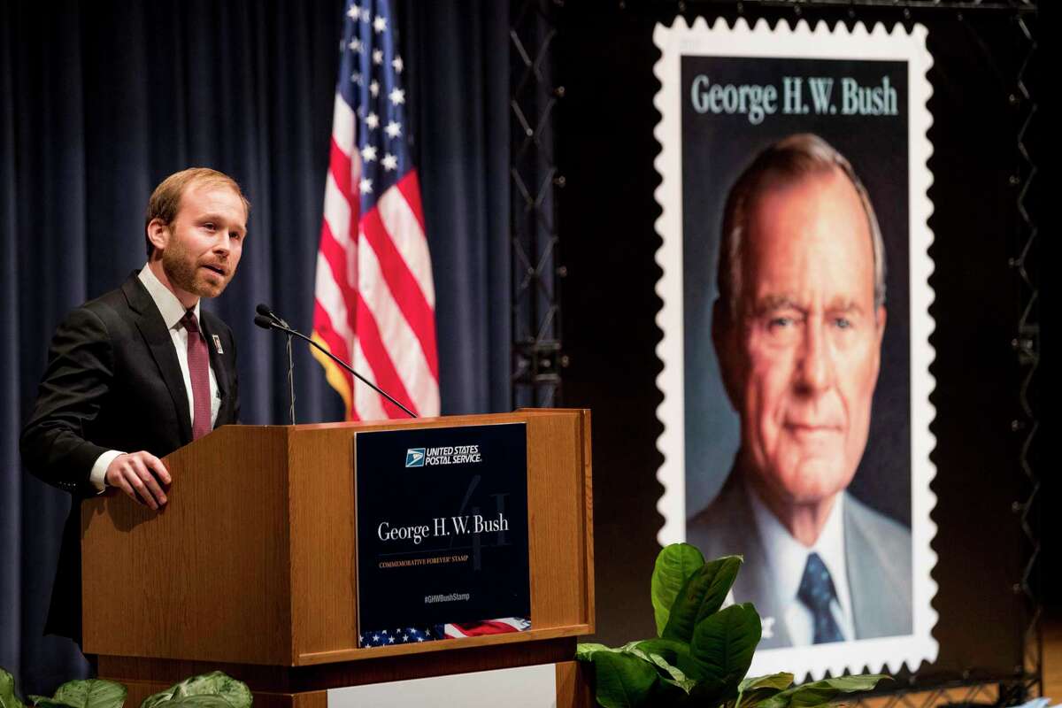 Pierce Bush, grandson of former President George H.W. Bush, speaks during the unveiling ceremony of the Forever Stamp honoring Bush on Wednesday, June 12, 2019, in College Station. Bush announced Monday he is running for the 22nd Congressional District.