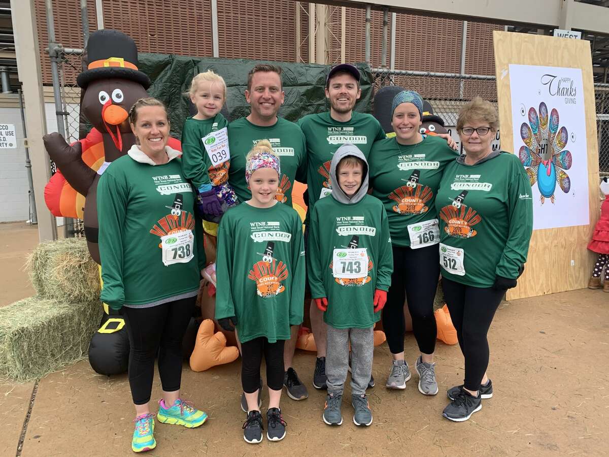 Turkey Trot: Monica Paul, back from left,  Brynlee Paul, Jeff Paul, Denton O’Neil, Julia O’Neil and Carolyn Wood; and Bella Paul, front left, and Carson Paul