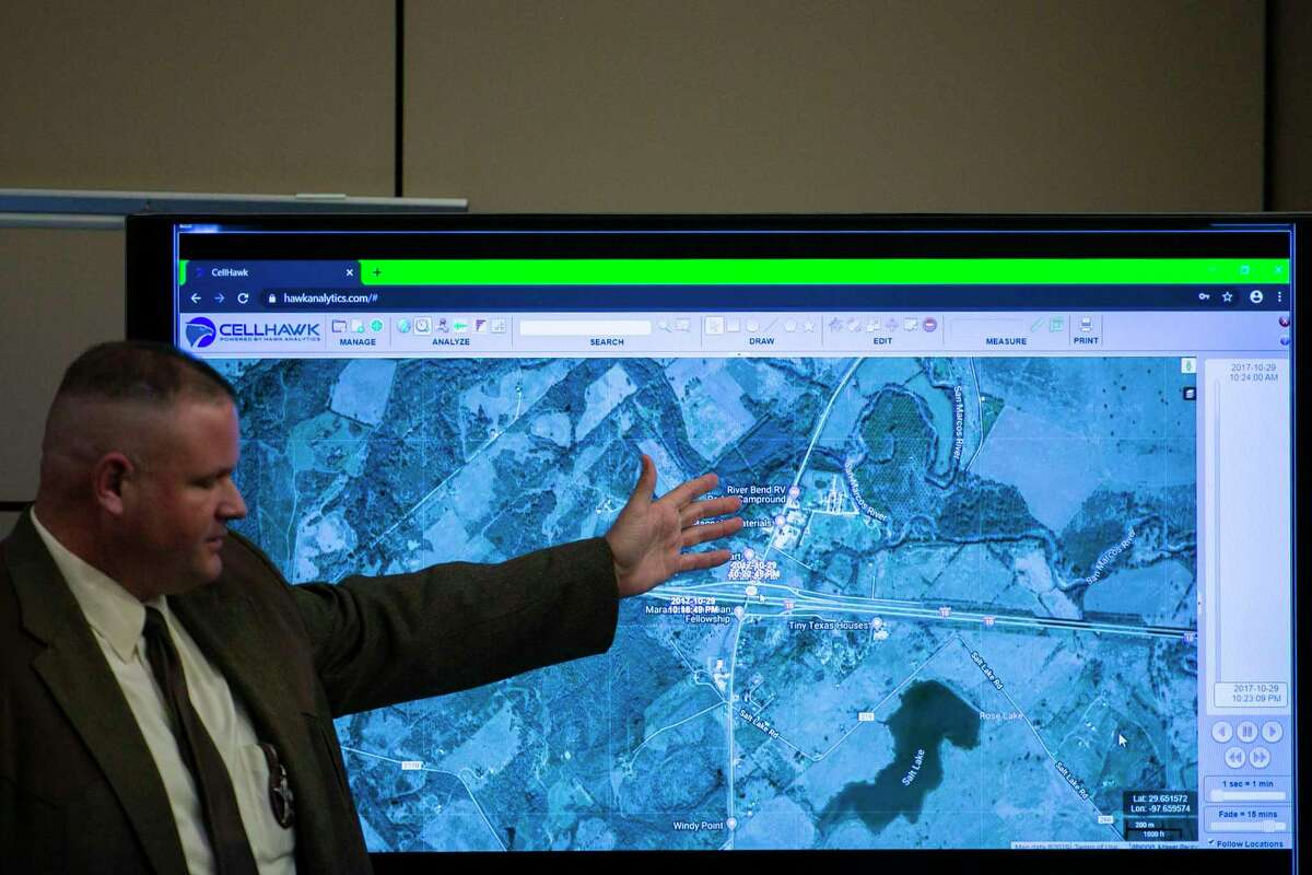 State Sgt. Zachary McBride points to a visualization of the locations of cell phones belonging to Cayley Mandadi and Mark Howerton on the night Howerton is accused of killing her in October 2017.