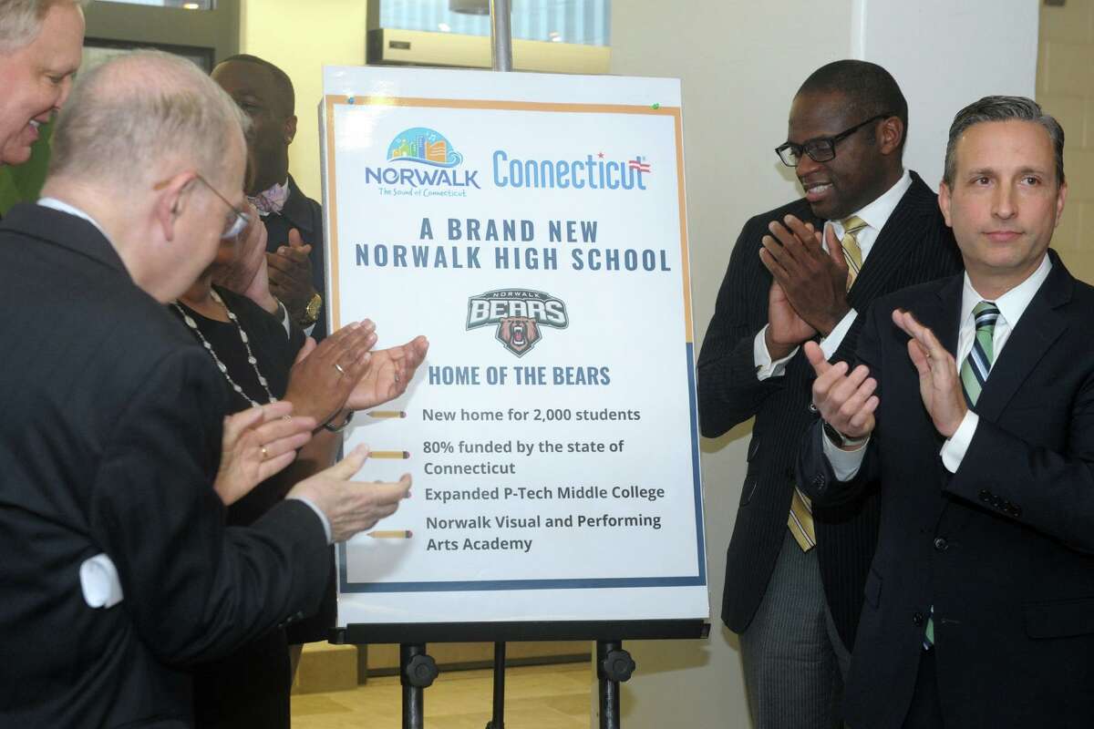 State and city official gathered to announce plans to build a new Norwalk High School, at Norwalk High School, in Norwalk, Conn. Dec. 9, 2019.