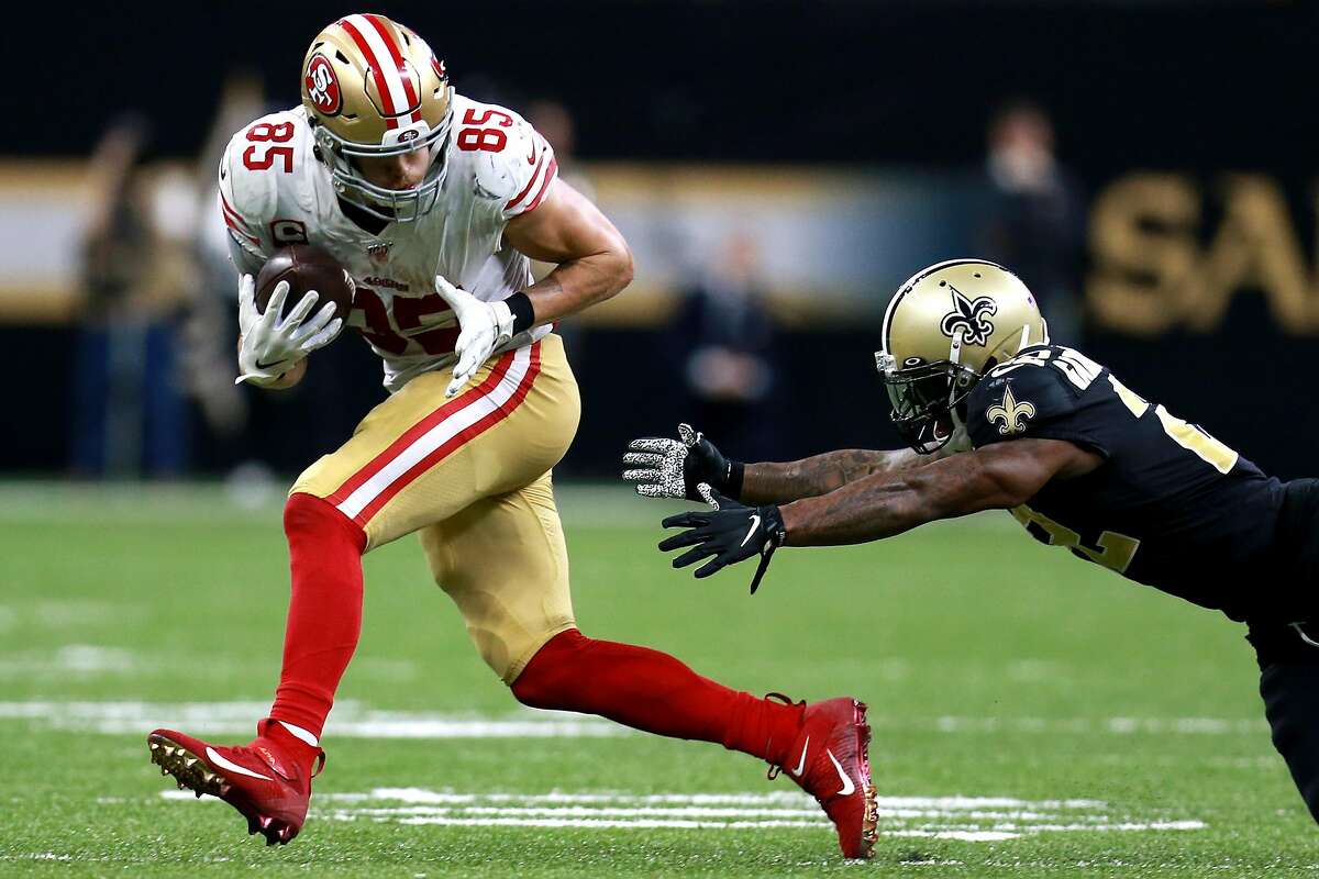 George Kittle #85 of the San Francisco 49ers runs for a first down during a NFL game against the New Orleans Saints at the Mercedes Benz Superdome on December 08, 2019 in New Orleans, Louisiana. (Photo by Sean Gardner/Getty Images)