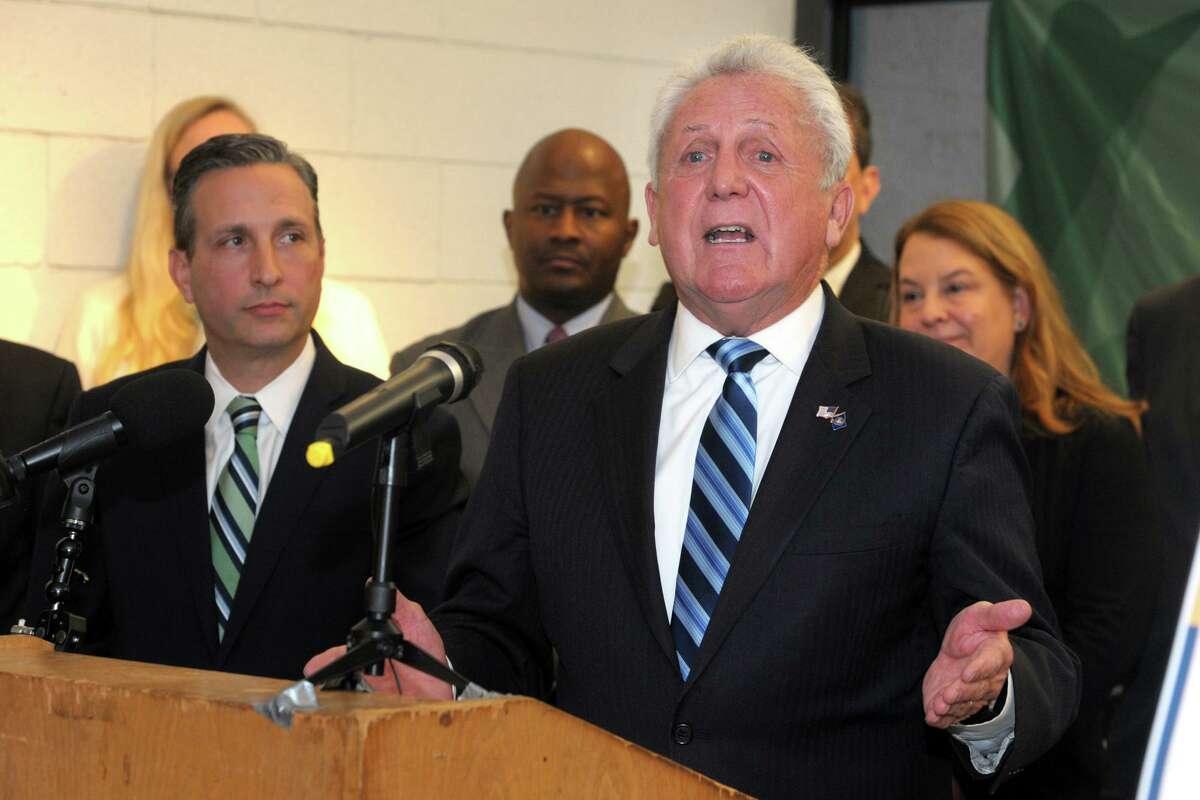 Mayor Harry Rilling speaks at a news conference to announce plans to build a new Norwalk High School, at Norwalk High School, in Norwalk, Conn. Dec. 9, 2019.
