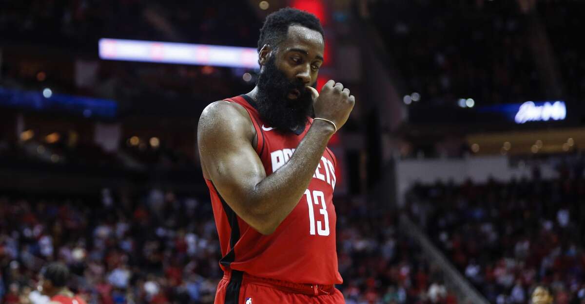 Houston Rockets guard James Harden (13) walks to the edge of the court after Sacramento Kings guard Buddy Hield hit a 3-pointer to tie the game late in the fourth an NBA basketball game at Toyota Center on Monday, Dec. 9, 2019, in Houston.
