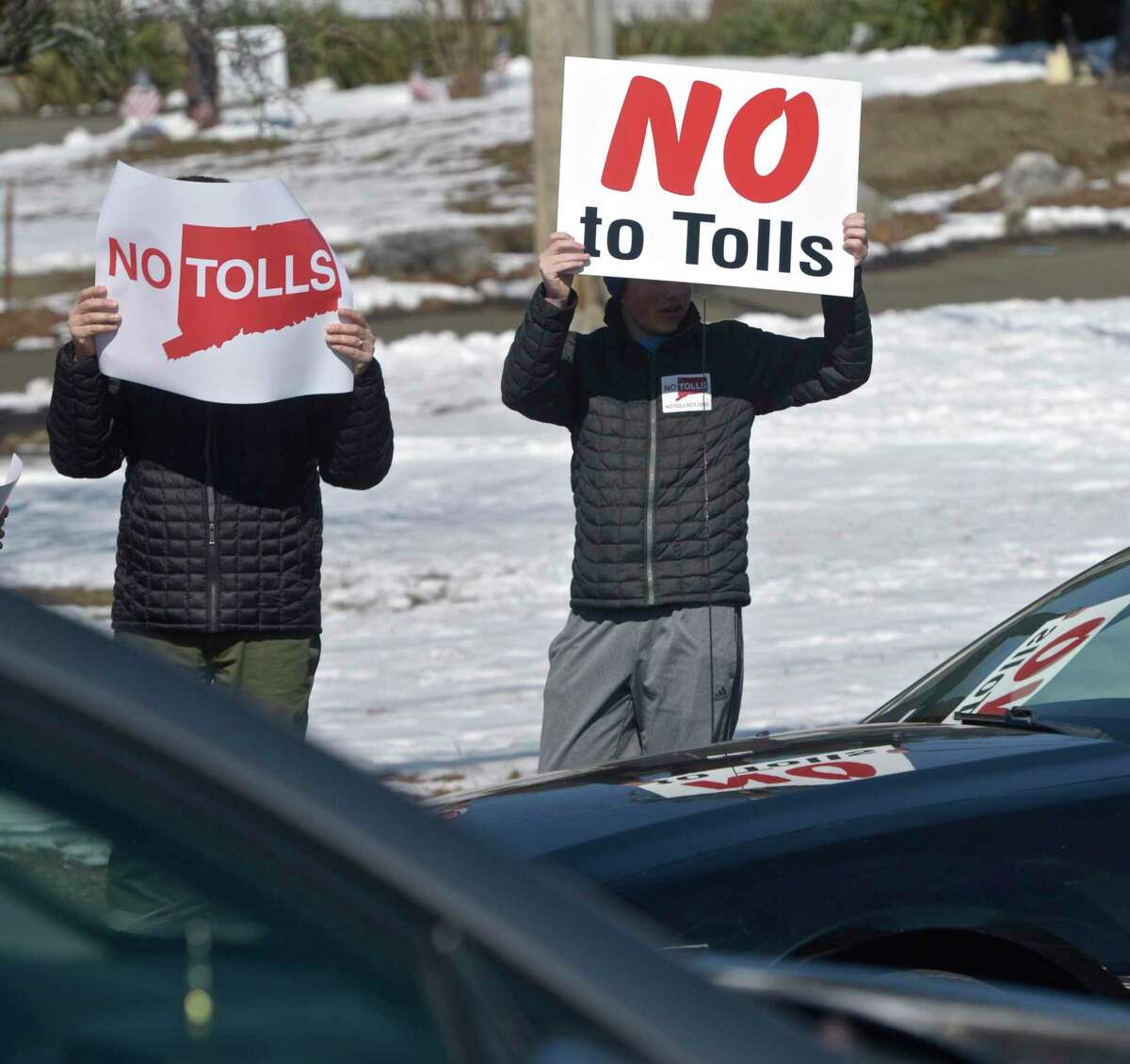 An anti-toll protest in Danbury earlier this year.