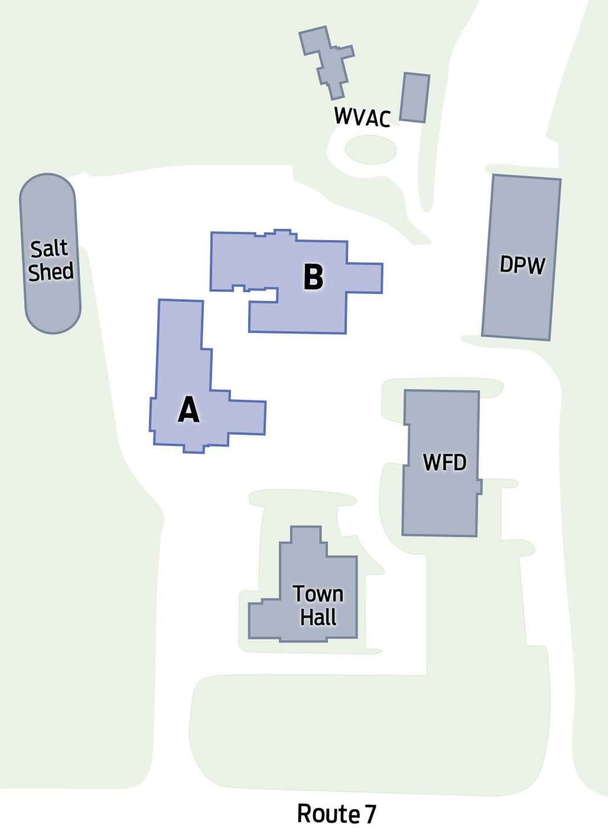 This rendering shows two options for a future police station. Building A would be new construction in a new location north of town hall. Building B would be a renovated police station in its present location.