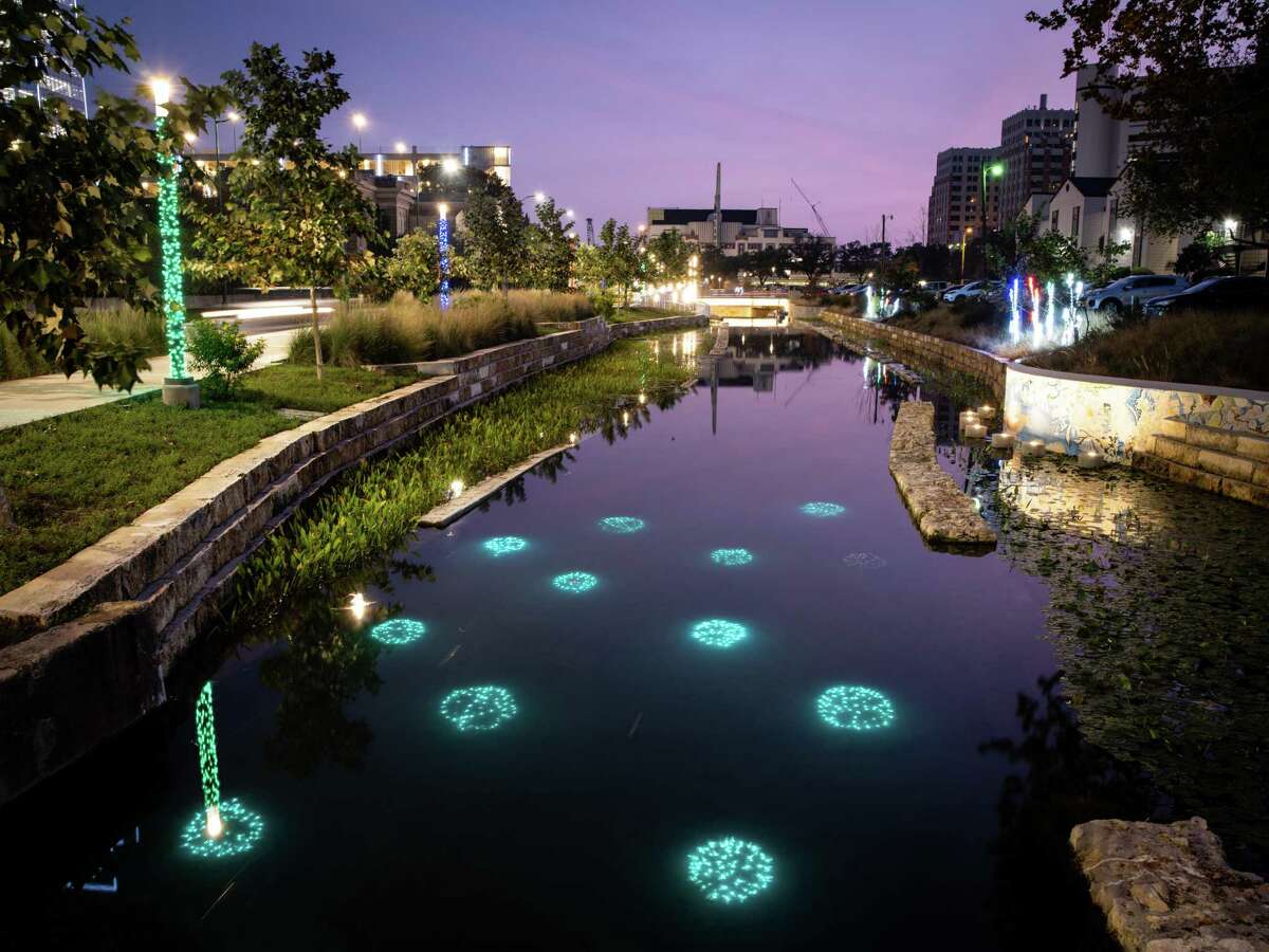 Artist Ansen Seale has created a public art piece titled “Luminous Creek Urchins” for the San Pedro Creek Culture Park as part of the San Antonio River Authority’s temporary art program. The piece debuted in December.