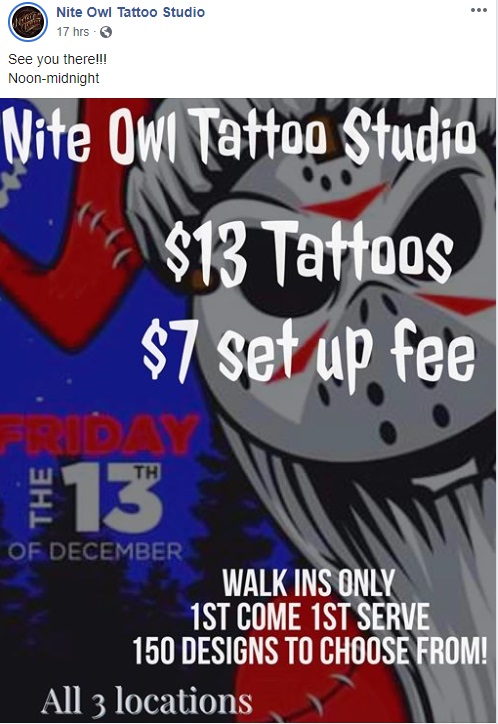 Lucky Friday the 13th Tattoo day, Sin Alley Tattoo, Pawtucket, October 13  2023
