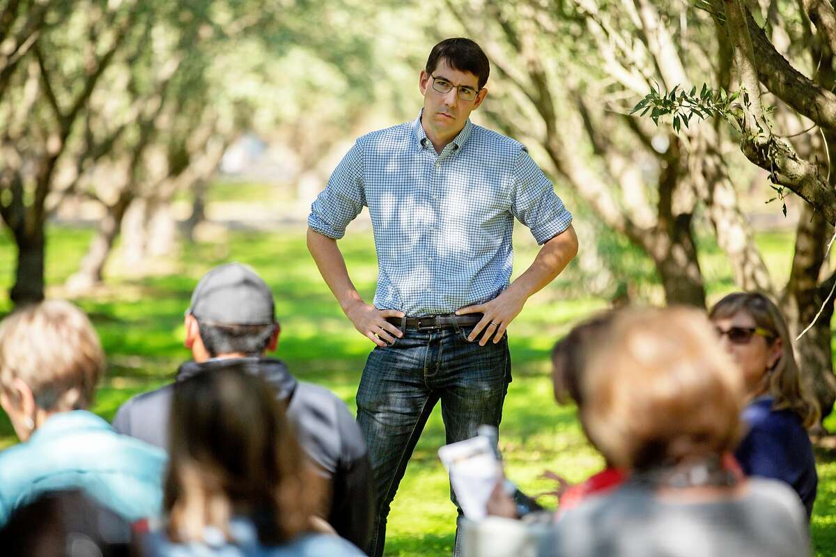 Dem. Josh Harder during a town hall at a supporter's almond farm on Saturday, Oct. 20, 2018, in Hughson, Calif.