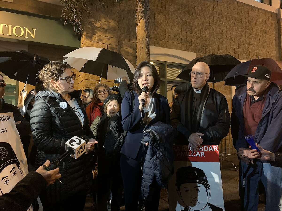Tenant rights attorney Dyne Biancardi joined San Francisco-based community advocates and more than a dozen protesters  outside of the San Francisco Police Department's Mission Station on Tuesday, Dec. 10, 2019 in a demonstration against a police shooting that critically injured a man in the Mission District. The shooting occurred on Saturday, Dec. 7, 2019.