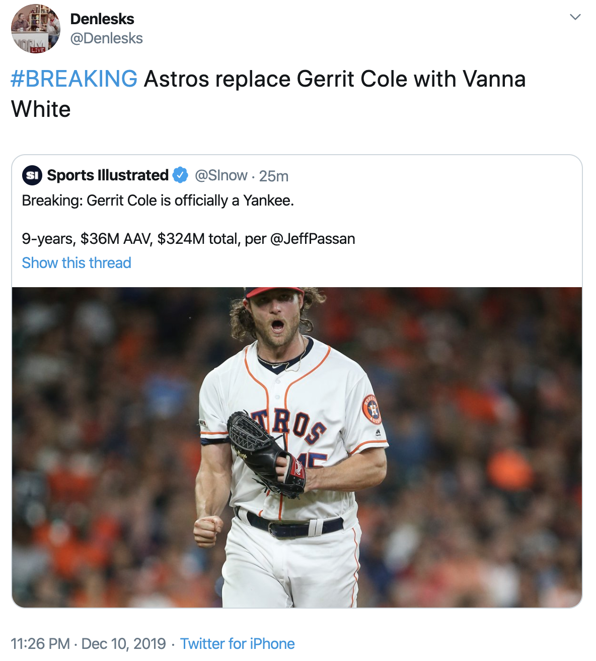 Gerrit Cole thanks Astros fans in heartfelt note