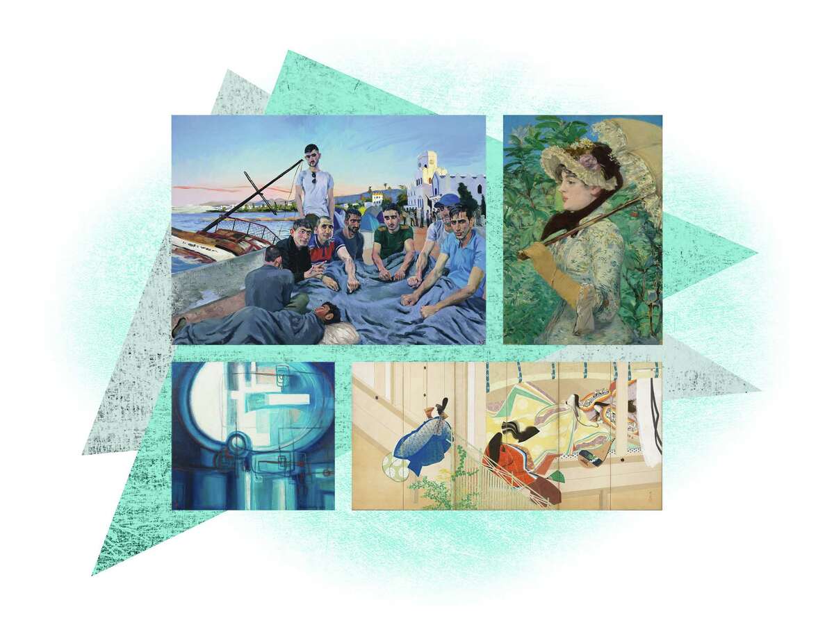 Clockwise, from top left: "Refugees 4" (2015) by Liu Xiaodong; "Jeanne (Spring)" (1881) by Édouard Manet; "The Uji Princesses" (1912) by Matsuoka Eikyu; "Azul azul (Blue Blue)" (1956) by Zilia Sánchez. Iillustration for ART-BEST (Sebastian Smee and Philip Kennicott).