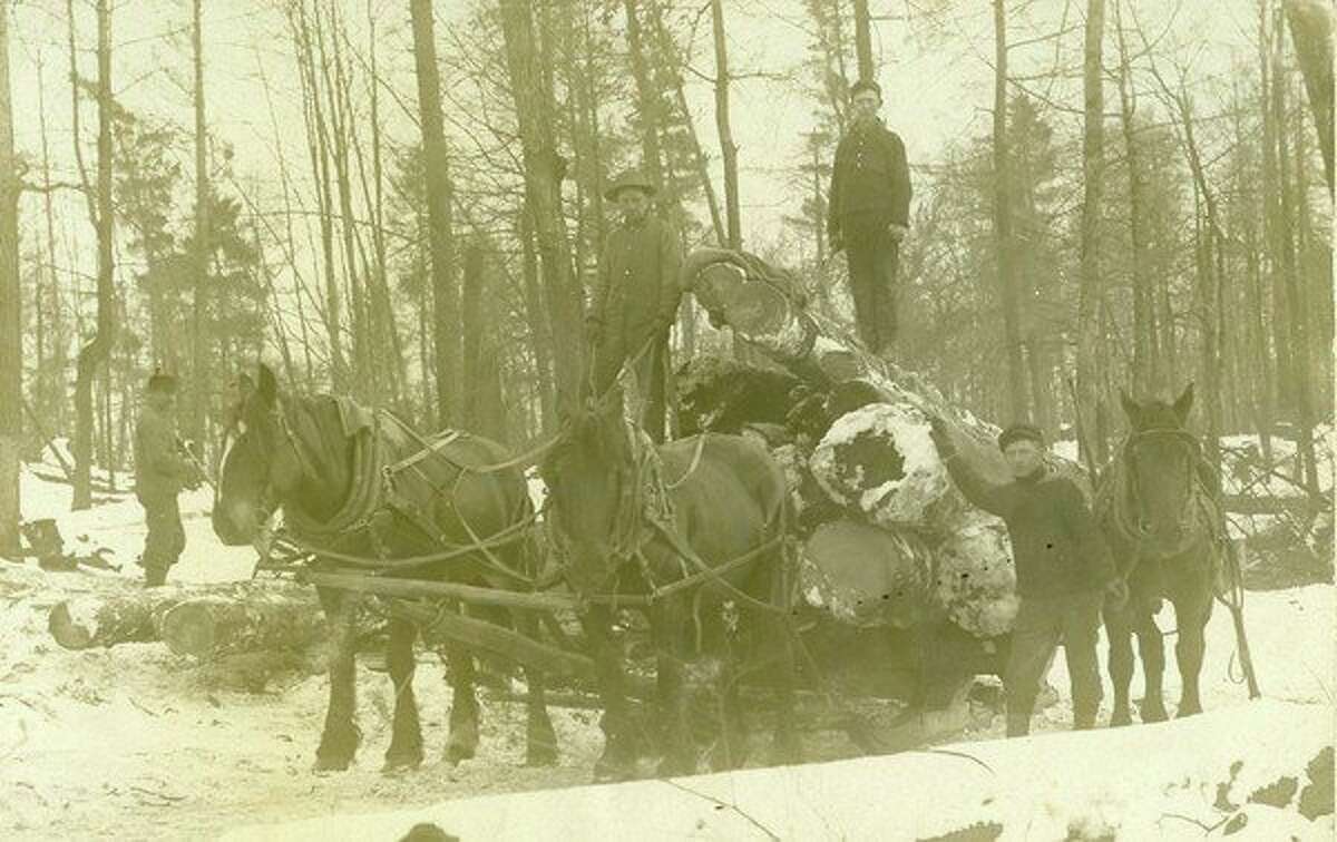 Lumberjacks climb aboard a sled full of logs they just cut in this early 1890s photograph in what today is the Manistee National Forest.