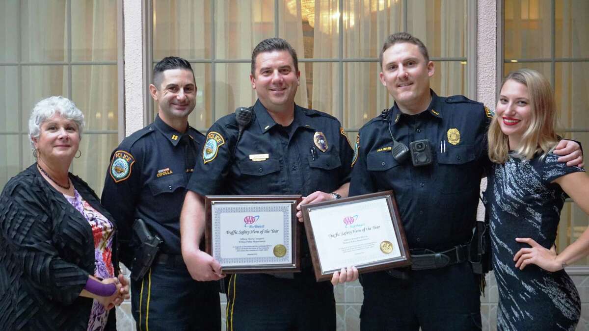 Wilton police made over 4,000 traffic stops last year. Their efforts earned them a Gold Award from AAA Northeast for the department’s comprehensive traffic safety program. In addition, two Wilton officers — Brandon Harris and Mark Canepari — were named Traffic Safety Heroes for their traffic safety efforts. Last month, AAA’s Public Affairs Manager Fran Mayko, left, presented awards to, from left, Capt. Robert Cipolla, Lt. Dave Hartman, and Officer Harris. At right is AAA Public Affairs’ Adelle Zocher. Officer Canepari is missing from photo.