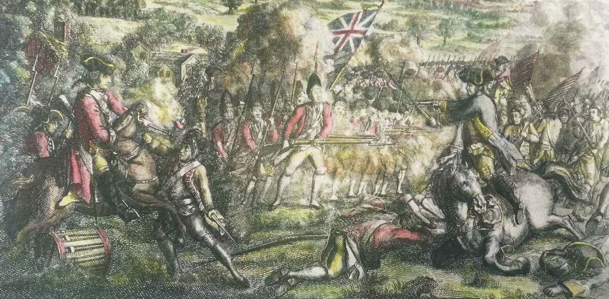 This Revolutionary War painting depicts “a skirmish in American betwen the King’s troops and Genl. [Benedict] Arnold” at the Battle of Ridgefield.