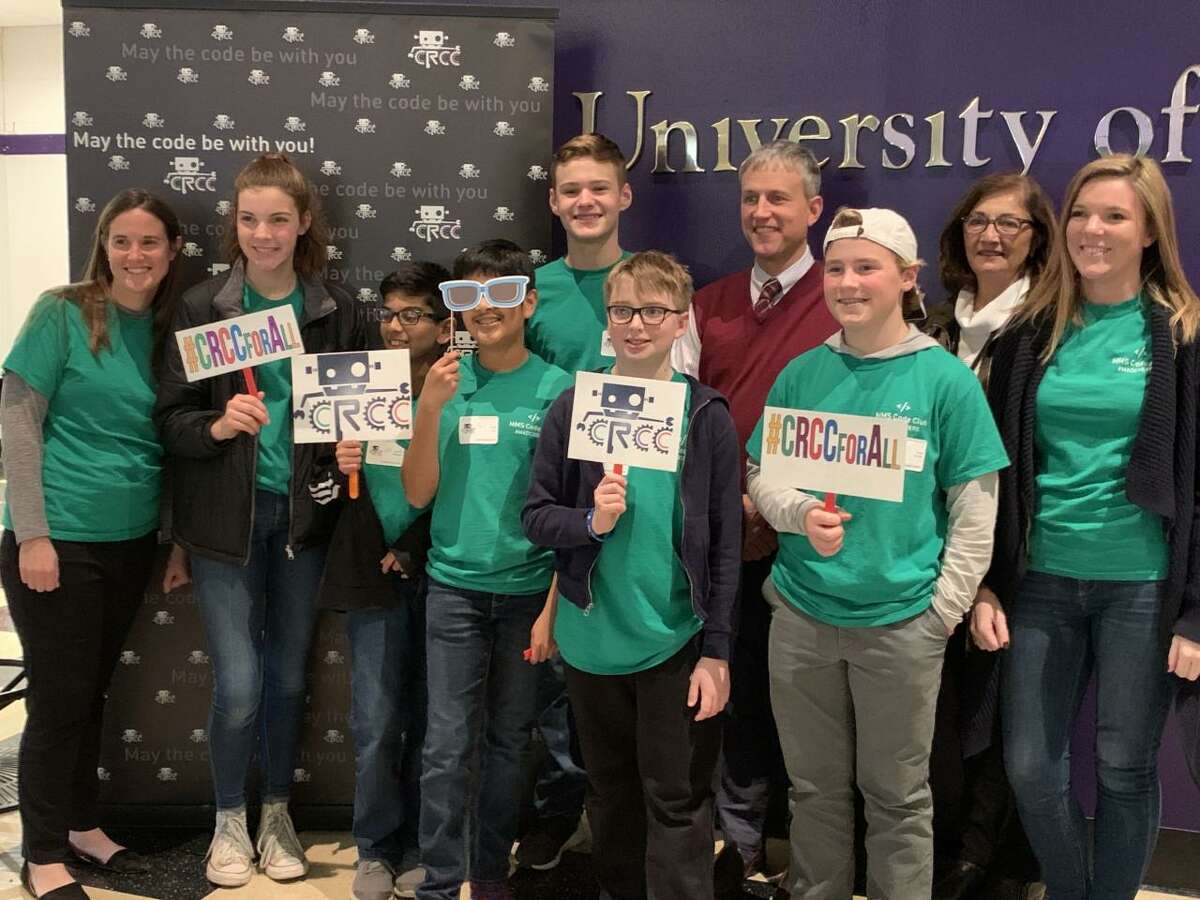 The Madison Middle School Code Club came in first place for the season in the Cyber Robotics Coding Competition. Six students represented Madison at the coding finals at the University of Bridgeport on Friday, Dec. 6. Pictured with club advisors Michaela Durand and Sarah Trotta are Peter Bahr, Owen LeClerc, Cole Galla, Parth Jain, Elsa Haakonsen and Vedanta Bhargava.