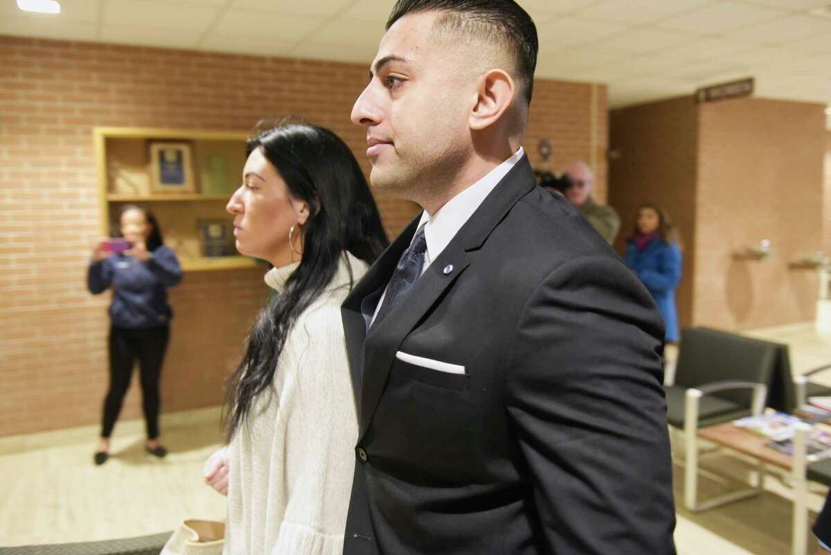 Nauman Hussain walks into the Schoharie County Court for a pre-trial hearing on Tuesday, Dec. 11, 2019, in Schoharie, N.Y. Hussain is the operator of the company that owned the limousine that crashed in Schoharie County in 2018, killing 20 people. Hussain's trial is in limbo as his attorney Lee Kindlon  seeks a possible plea deal. (Paul Buckowski/Times Union)