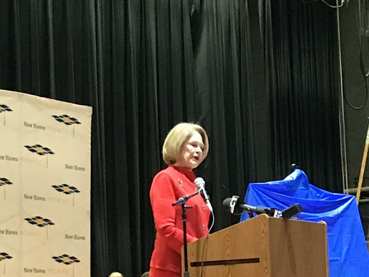 Marna Borgstrom, president and chief executive officer of Yale New Haven Health, speaks to James Hillhouse High School students Wednesday in New Haven.