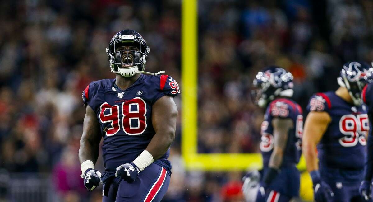 Houston Texans defensive end D.J. Reader (98) celebrates a stop during the third quarter of an NFL game at NRG Stadium Sunday, Dec. 1, 2019, in Houston.