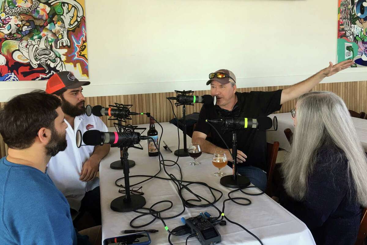 From left, co-founder Rassul Zarinfar, executive chef Arash Kharat, Chronicle barbecue columnist Chris Reid and restaurant critic Alison Cook during a recording of the Houston Chronicle's BBQ State of Mind podcast on the third floor of Buffalo Bayou Brewing Co. on Summer Street in Houston, Dec. 11, 2019.