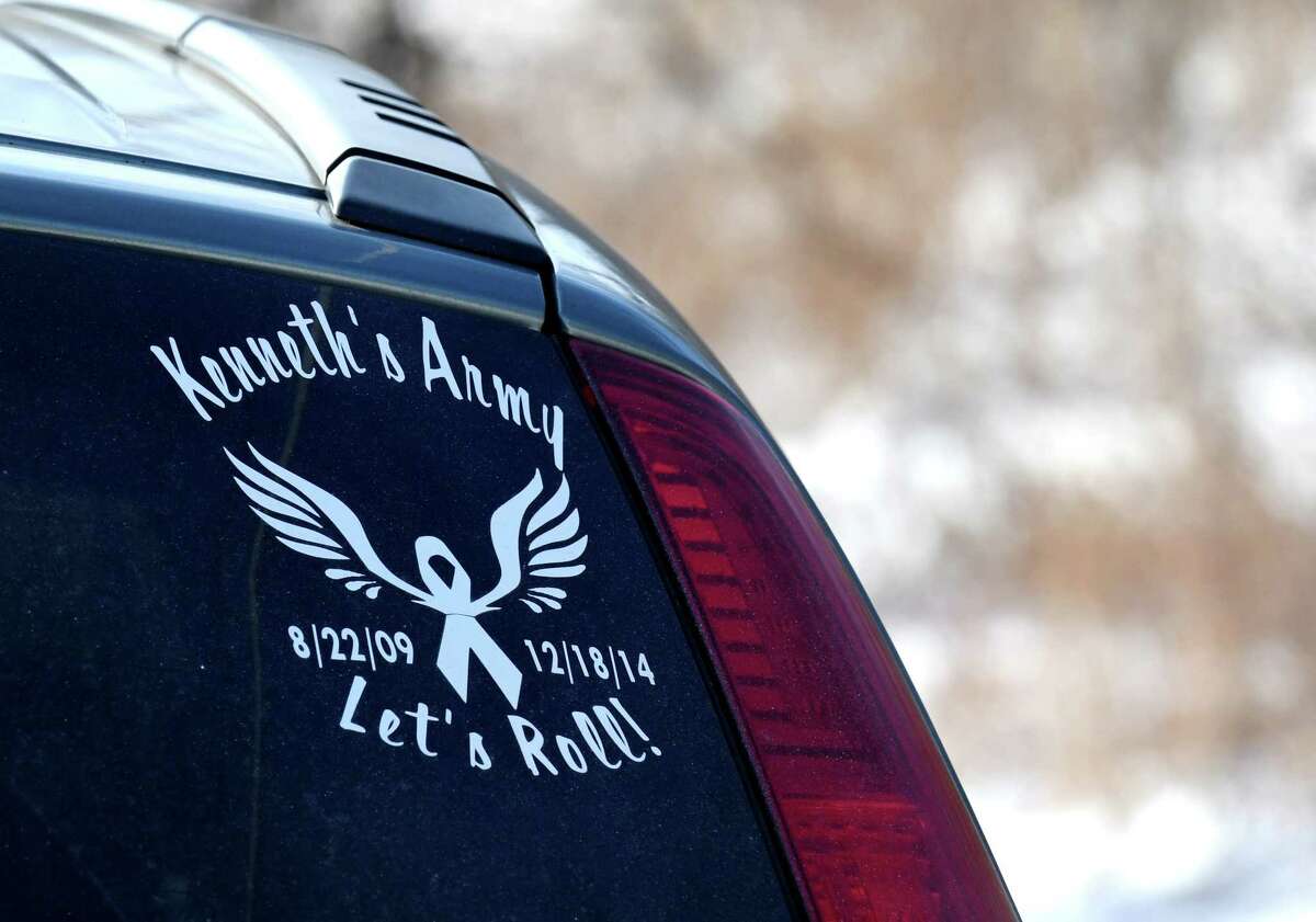 A sticker for Kenneth?•s Army, a child victim advocacy group formed following the death of Kenneth White, 5, in 2014, is displayed on Claire Ansbro-Ingalls' car on Thursday, Dec. 12, 2019, in Knox, N.Y. The group works quietly in Albany County's hilltowns to provide necessities for children in need. White was killed by teenage cousin, Tiffany VanAlstyne, and dumped across the road in a snowbank. (Will Waldron/Times Union)