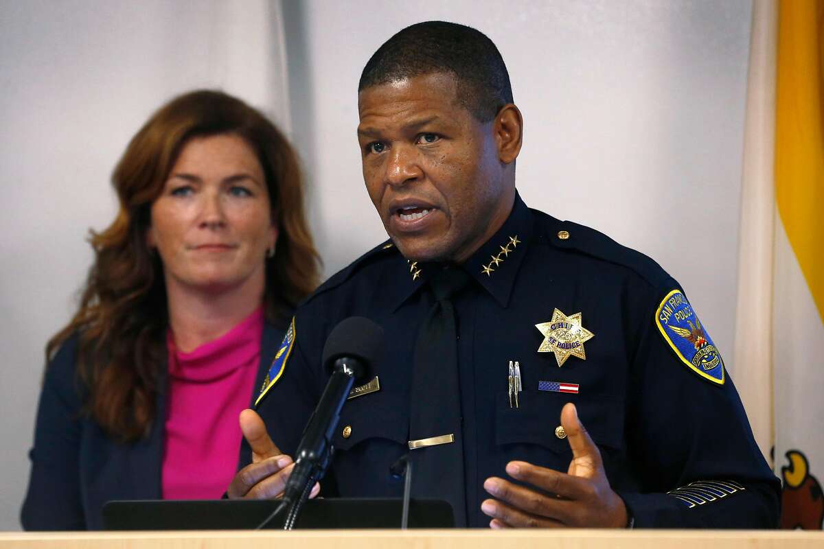Police Chief Bill Scott speaks at a news conference at the District Attorney's office in San Francisco, Calif. on Thursday, Dec. 12, 2019 to announce the seizure of more than $2 million of stolen property following a multi-agency investigation called Operation Focus Lens.