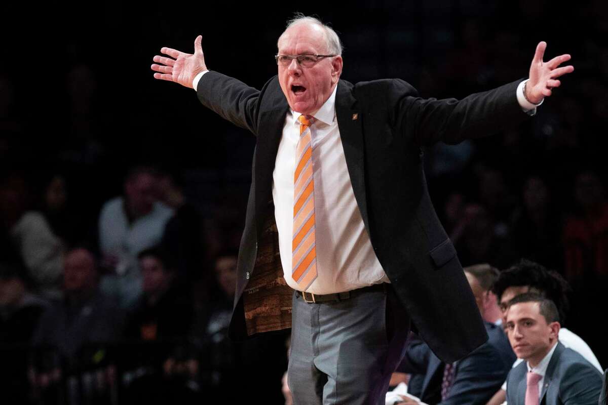 Syracuse head coach Jim Boeheim reacts during the first half of an NCAA college basketball game against Penn State in the consolation round of the NIT Season Tip-Off tournament, Friday, Nov. 29, 2019, in New York. (AP Photo/Mary Altaffer)