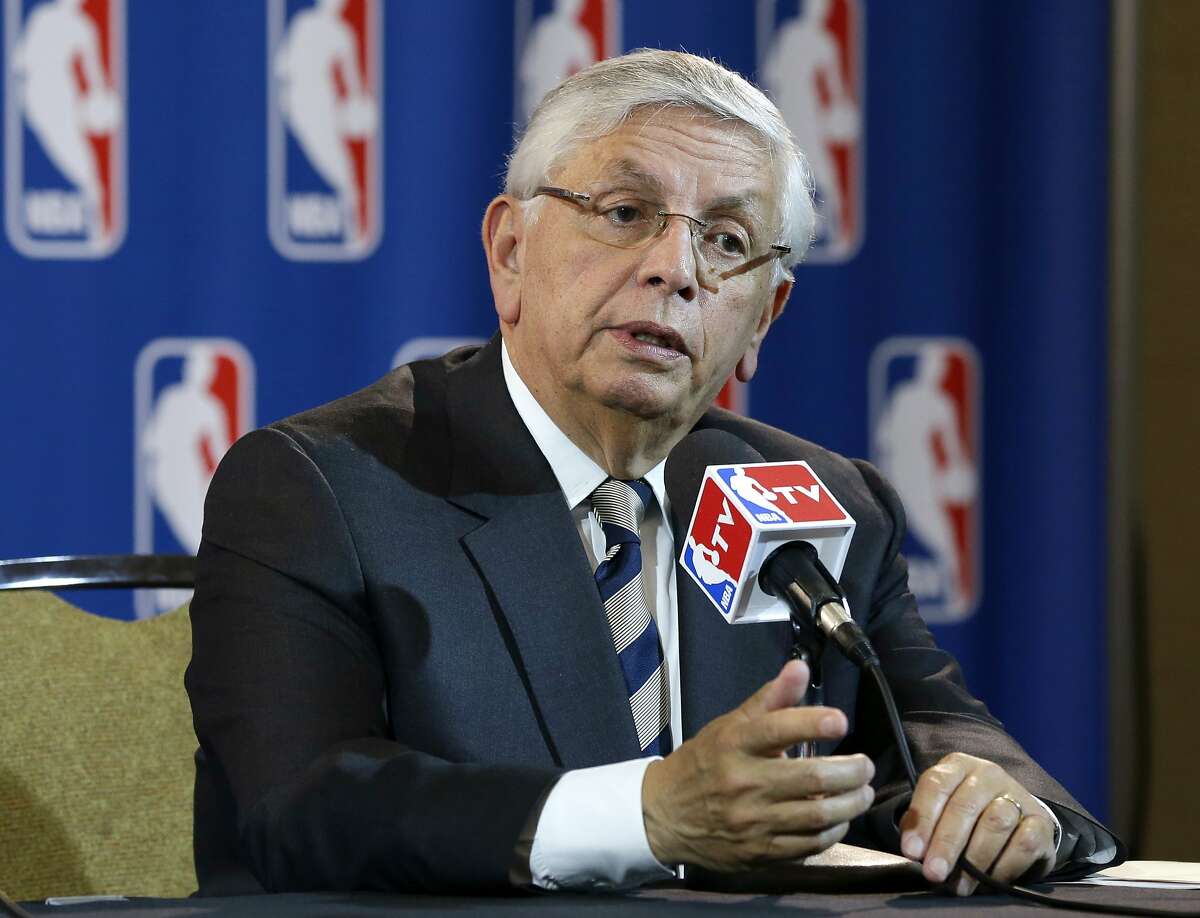 FILE - In this Wednesday, May 15, 2013 file photo, NBA Commissioner David Stern takes a question from a reporter during a news conference following an NBA Board of Governors meeting in Dallas. The NBA says former Commissioner David Stern suffered a sudden brain hemorrhage Thursday, Dec. 12, 2019 and underwent emergency surgery. The league says in a statement its thoughts and prayers are with the 77-year-old Stern's family. (AP Photo/Tony Gutierrez, File)