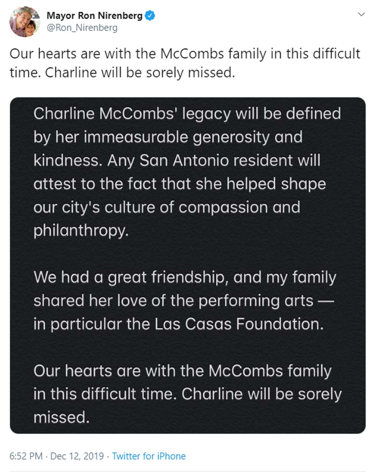 @Ron_Nirenberg: Our hearts are with the McCombs family in this difficult time. Charline will be sorely missed.