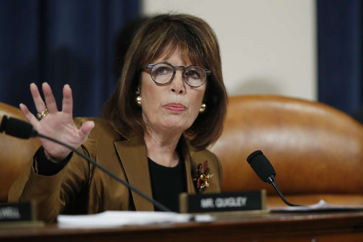 Rep. Jackie Speier, D-Calif, questions Ambassador Kurt Volker, former special envoy to Ukraine, and Tim Morrison, a former official at the National Security Council, as they testify before the House Intelligence Committee on Capitol Hill in Washington, Tuesday, Nov. 19, 2019, during a public impeachment hearing of President Donald Trump's efforts to tie U.S. aid for Ukraine to investigations of his political opponents. (AP Photo/Alex Brandon)