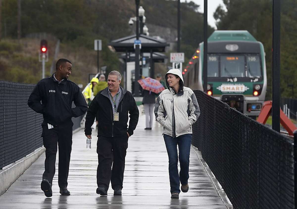 The new SMART train station opens in Larkspur, Calif. on Friday, Dec. 13, 2019. A five minute walk links commuters arriving at the southernmost station in the SMART train system to the Golden Gate Ferry terminal across the street.