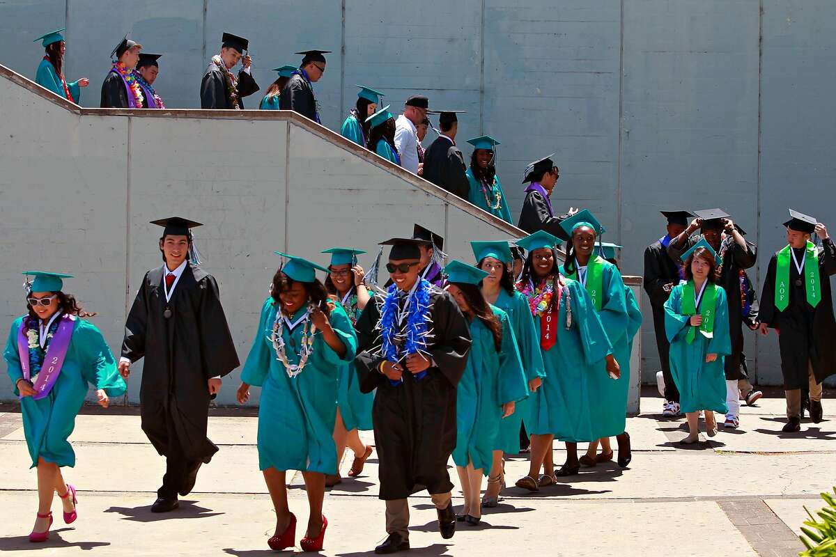 Graduates march in a processional for the commencement ceremony at Phillip and Sala Burton Academic High School in San Francisco, Calif. on Thursday, May 29, 2014. Graduates of this year's class are the first under the school district's new rigorous graduation requirements.