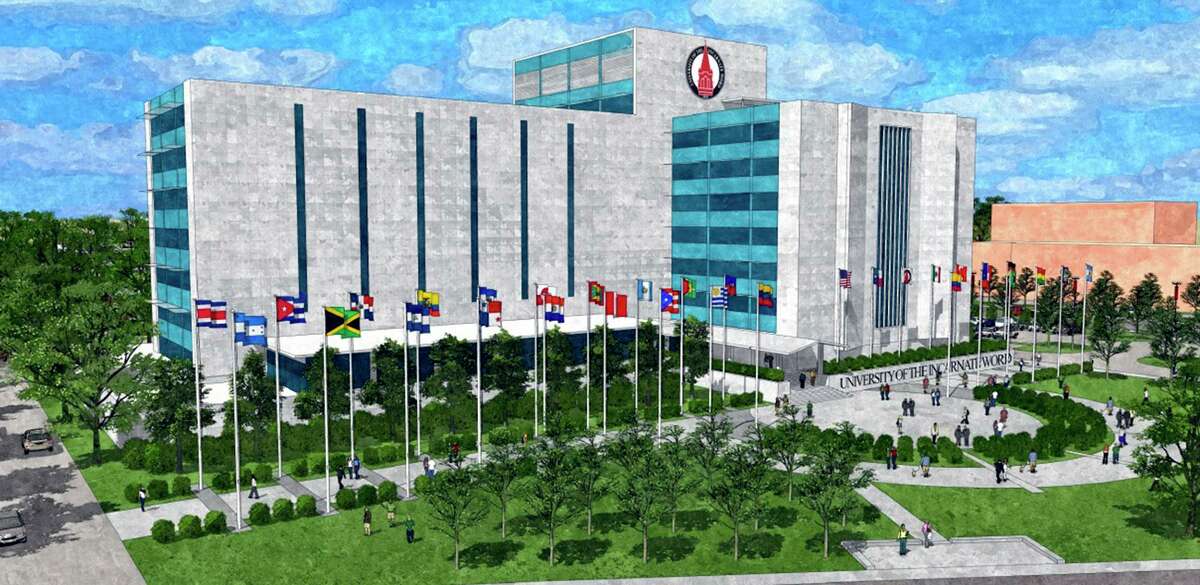 A rendering shows how the AT&T building will look after it is changed by UIW to Founders Hall. Before AT&T, the building was home to USAA.