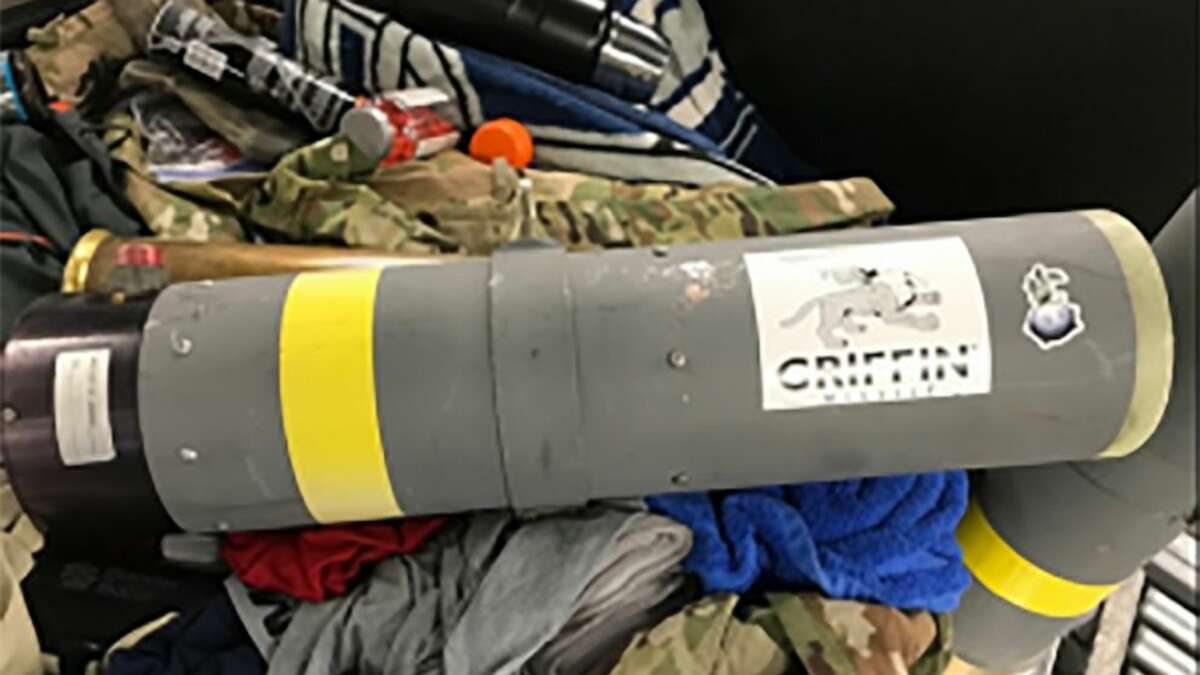 More dumb things people try to sneak past TSA A treasured keepsake: This Griffin missile launcher was found in checked baggage at Baltimore/Washington International Thurgood Marshall Airport. Thankfully no live missiles accompanied it. TSA said a Texas man who is a member of the military brought it from Kuwait as a "souvenir."