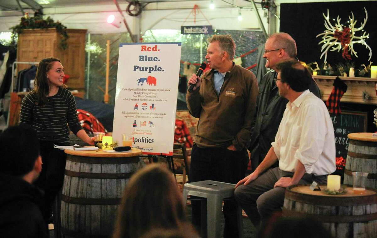 Hearst Connecticut Media hosts a community conversation with Connecticut Journalism Hall of Fame political writer and editor Ken Dixon, columnist and associate editor Dan Haar, and Stamford Advocate/Greenwich Times Managing Editor Tom Mellana at the Winter Wonderland pop-up beer garden in Stamford, Conn. on Dec. 12, 2019. About 50 participants had the opportunity to have their burning political questions answered over craft beer and casual conversation. Political reporter Kaitlyn Krasselt moderate the discussion.