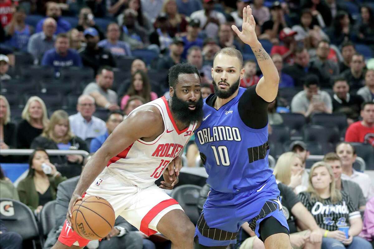 PHOTOS: Rockets game-by-game  Houston Rockets guard James Harden, left, drives around Orlando Magic guard Evan Fournier (10) during the first half of an NBA basketball game, Friday, Dec. 13, 2019, in Orlando, Fla. (AP Photo/John Raoux) >>>See how the Rockets have fared in each game so far this season ... 
