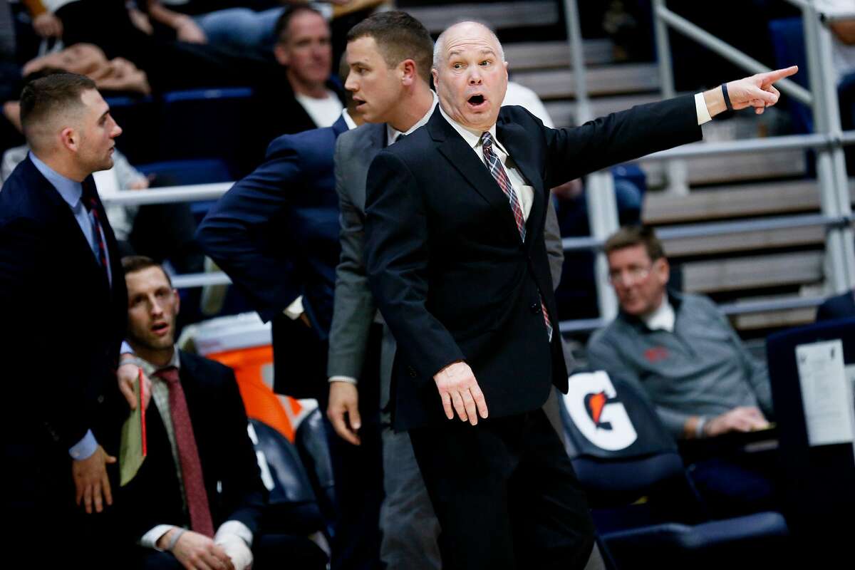 St. Mary's Gaels head coach Randy Bennett talks to the official in the first half of an NCAA men’s basketball game against the California Golden Bears at Haas Pavilion on Saturday, Dec. 14, 2019, in Berkeley, Calif.