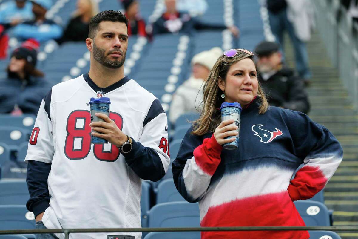Houston Texans fans watch warm ups before an NFL football game against the Tennessee Titans at Nissan Stadium on Sunday, Dec. 15, 2019, in Nashville.