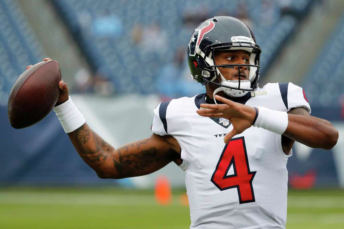 Houston Texans quarterback Deshaun Watson warms up before an NFL football game against the Tennessee Titans at Nissan Stadium on Sunday, Dec. 15, 2019, in Nashville.
