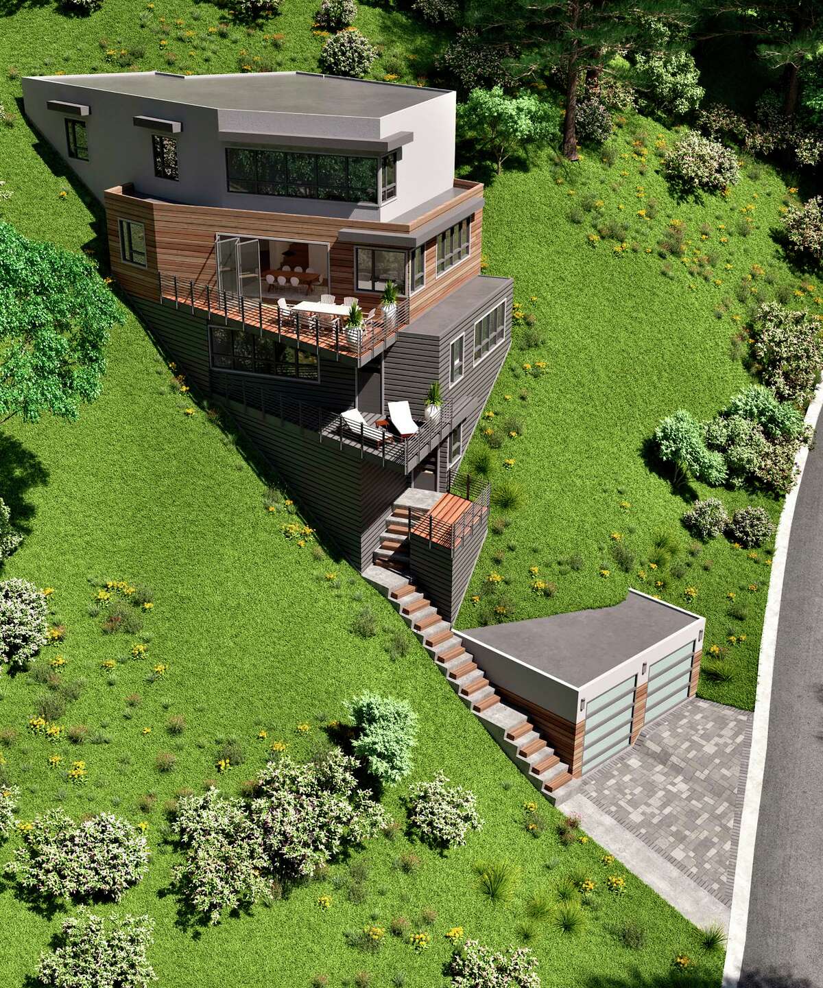 6881 Sobrante Road in Oakland is a .33-acre lot that includes approved plans for a hillside four-bedroom, four-bathroom contemporary conceptualized by designer and developer Nick Depratti.