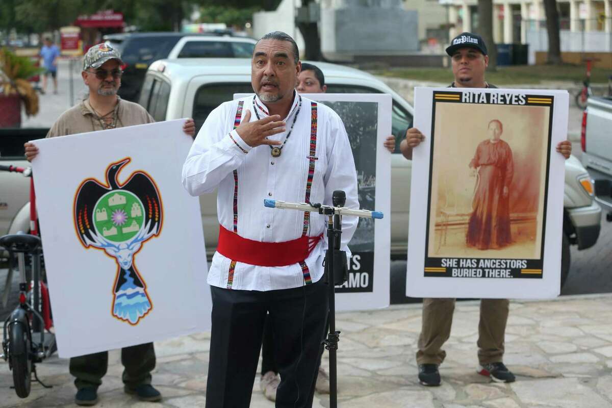 Ramón Vásquez speaks Sept. 10, 2019, at the Hipolito F. Garcia Federal Building and U.S. Courthouse across the street from the Alamo about a federal lawsuit filed by the Tap Pilam Coahiltecan Nation, the San Antonio Missions Cemetery Association and Raymond Hernandez. On Thursday, the Tap Pilam announced it had filed an amended petition in the lawsuit.